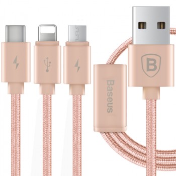 Кабель-хаб USB-Micro USB, USB type C, Lightning 1.2м 2.1А в тканевой оплетке для одновременной зарядки 3 гаджетов Розовый