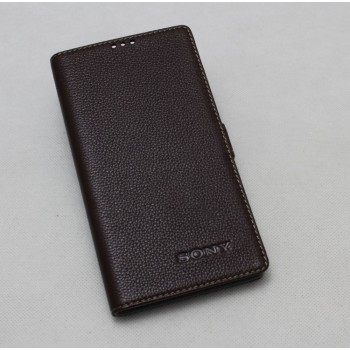 Кожаный чехол горизонтальная книжка (премиум нат. кожа) с крепежной застежкой для Sony Xperia E5  Коричневый