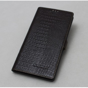 Кожаный чехол горизонтальная книжка (премиум нат. кожа крокодила) с крепежной застежкой для Sony Xperia E5 Коричневый