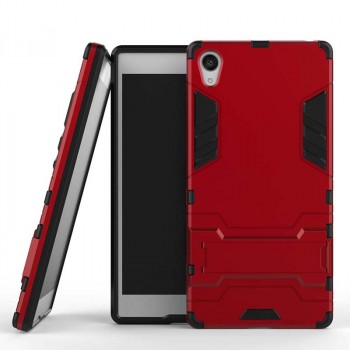Противоударный двухкомпонентный силиконовый матовый непрозрачный чехол с поликарбонатными вставками экстрим защиты с встроенной ножкой-подставкой для Sony Xperia Z5 Premium Красный