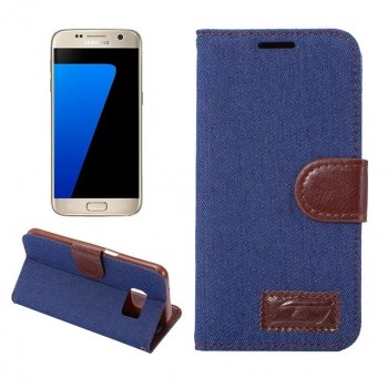 Чехол горизонтальная книжка подставка на силиконовой основе с отсеком для карт и тканевым покрытием на магнитной защелке для Samsung Galaxy S7 Edge  Синий
