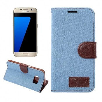 Чехол горизонтальная книжка подставка на силиконовой основе с отсеком для карт и тканевым покрытием на магнитной защелке для Samsung Galaxy S7 Edge  Голубой