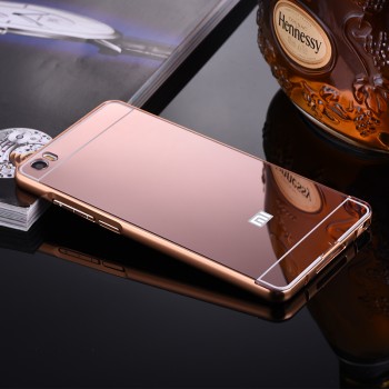 Двухкомпонентный чехол c металлическим бампером с поликарбонатной накладкой и зеркальным покрытием для Xiaomi Mi Note  Розовый