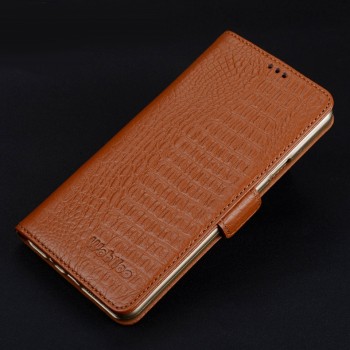Кожаный чехол портмоне подставка (премиум нат. кожа крокодила) с крепежной застежкой для Iphone 7 Plus  Бежевый