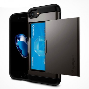 Противоударный двухкомпонентный силиконовый матовый непрозрачный чехол с поликарбонатными вставками экстрим защиты и отсеком для карт для Iphone 7  Серый
