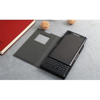 Винтажный гладкий чехол горизонтальная книжка на пластиковой основе с окном вызова для Blackberry Priv  Черный