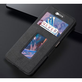 Чехол горизонтальная книжка подставка текстура Линии на силиконовой основе с окном вызова и свайпом на магнитной защелке для OnePlus 3  Черный