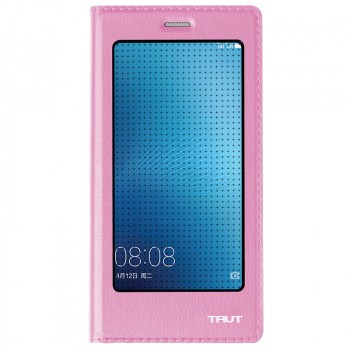 Чехол флип подставка на пластиковой основе с полноэкранным окном вызова для Huawei P9 Lite  Розовый