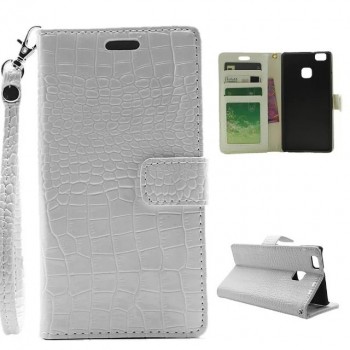 Чехол портмоне подставка текстура Крокодил на пластиковой основе на магнитной защелке для Huawei P9 Lite  Белый