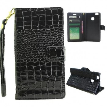 Чехол портмоне подставка текстура Крокодил на пластиковой основе на магнитной защелке для Huawei P9 Lite  Черный