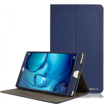 Чехол книжка подставка текстура Узоры с рамочной защитой экрана и тканевым покрытием для Huawei MediaPad M3 Синий