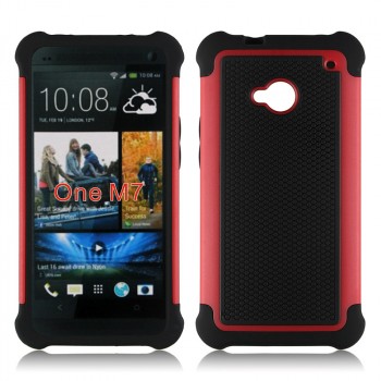 Противоударный двухкомпонентный силиконовый матовый непрозрачный чехол с поликарбонатными вставками экстрим защиты для HTC One (M7) Dual SIM Красный