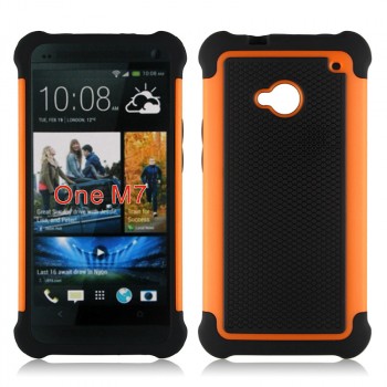 Противоударный двухкомпонентный силиконовый матовый непрозрачный чехол с поликарбонатными вставками экстрим защиты для HTC One (M7) Dual SIM Оранжевый