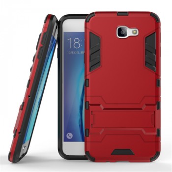 Противоударный двухкомпонентный силиконовый матовый непрозрачный чехол с поликарбонатными вставками экстрим защиты с встроенной ножкой-подставкой для Samsung Galaxy J5 Prime Красный