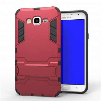 Антиударный двухкомпонентный силиконовый чехол с поликарбонатной накладкой и встроенной ножкой-подставкой для Samsung Galaxy J7 Красный