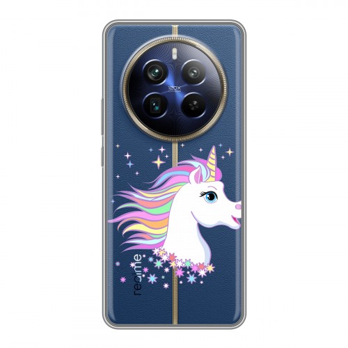 Полупрозрачный дизайнерский пластиковый чехол для Realme 12 Plus 5G Прозрачные лошади и единороги 