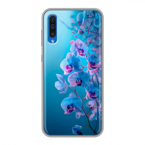 Полупрозрачный дизайнерский пластиковый чехол для Samsung Galaxy A50 голубые орхидеи