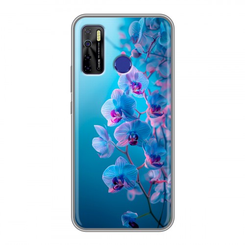 Полупрозрачный дизайнерский силиконовый чехол для Tecno Camon 15 голубые орхидеи
