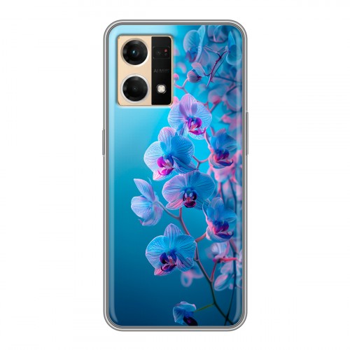 Полупрозрачный дизайнерский силиконовый чехол для OPPO Reno7 голубые орхидеи