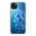 Полупрозрачный дизайнерский пластиковый чехол для Iphone 15 Plus голубые орхидеи