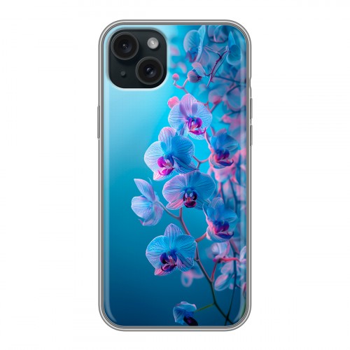 Полупрозрачный дизайнерский пластиковый чехол для Iphone 15 Plus голубые орхидеи
