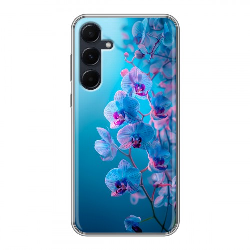 Полупрозрачный дизайнерский пластиковый чехол для Samsung Galaxy A55 голубые орхидеи