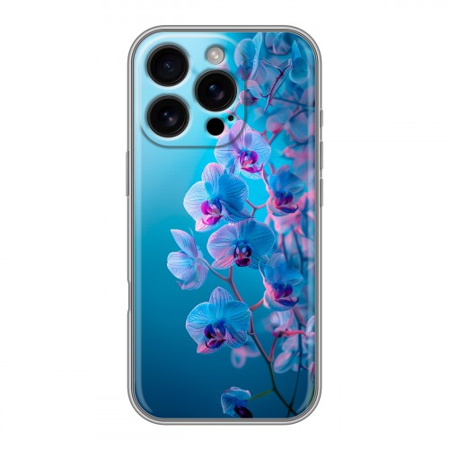 Полупрозрачный дизайнерский пластиковый чехол для Iphone 16 Pro голубые орхидеи