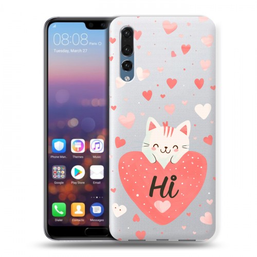 Полупрозрачный дизайнерский силиконовый с усиленными углами чехол для Huawei P20 Pro котенок и сердечко