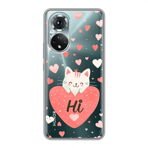 Полупрозрачный дизайнерский силиконовый чехол для Huawei Honor 50 котенок и сердечко