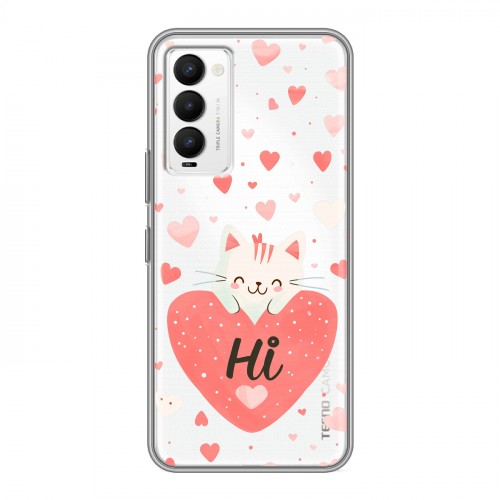 Полупрозрачный дизайнерский силиконовый с усиленными углами чехол для Tecno Camon 18 котенок и сердечко