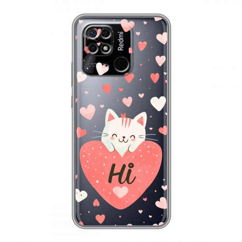 Полупрозрачный дизайнерский пластиковый чехол для Xiaomi Redmi 10C котенок и сердечко