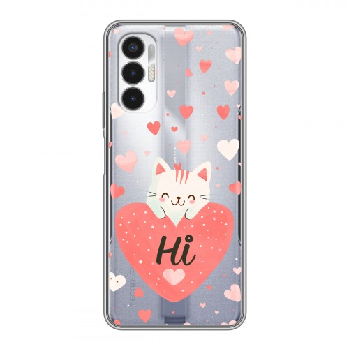 Полупрозрачный дизайнерский пластиковый чехол для Tecno Pova 3 котенок и сердечко