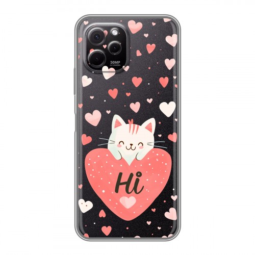 Полупрозрачный дизайнерский пластиковый чехол для Huawei Nova Y61 котенок и сердечко