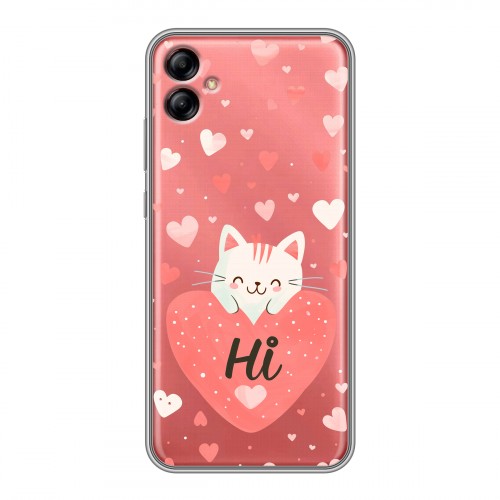 Полупрозрачный дизайнерский силиконовый чехол для Samsung Galaxy A04e котенок и сердечко