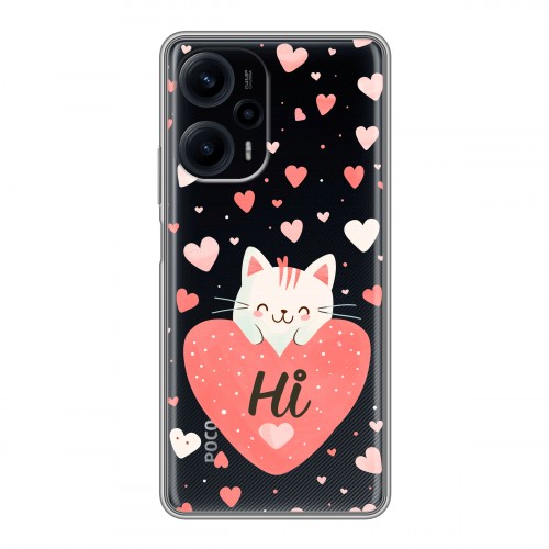 Полупрозрачный дизайнерский пластиковый чехол для XIaomi Poco F5 котенок и сердечко