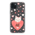 Полупрозрачный дизайнерский пластиковый чехол для Iphone 15 Plus котенок и сердечко