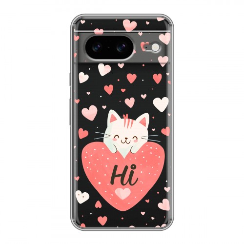 Полупрозрачный дизайнерский пластиковый чехол для Google Pixel 8 котенок и сердечко