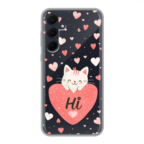 Полупрозрачный дизайнерский пластиковый чехол для Samsung Galaxy A35 котенок и сердечко