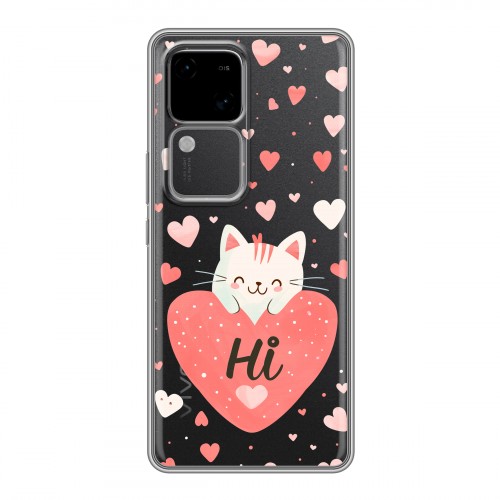 Полупрозрачный дизайнерский пластиковый чехол для Vivo V30 5G котенок и сердечко