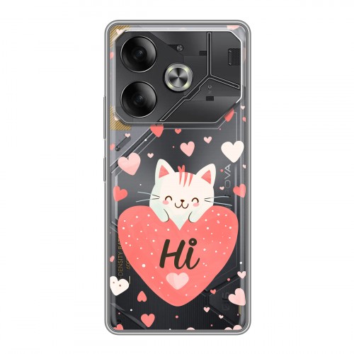 Полупрозрачный дизайнерский пластиковый чехол для Tecno Pova 6 котенок и сердечко