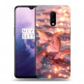 Дизайнерский пластиковый чехол для OnePlus 7 бабочки розовые