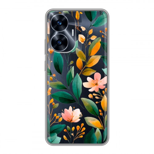 Полупрозрачный дизайнерский силиконовый чехол для Realme C55 Цветы паттерн