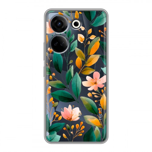 Полупрозрачный дизайнерский пластиковый чехол для Tecno Camon 20 Цветы паттерн