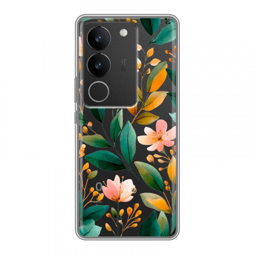 Полупрозрачный дизайнерский силиконовый с усиленными углами чехол для Vivo V29 Цветы паттерн