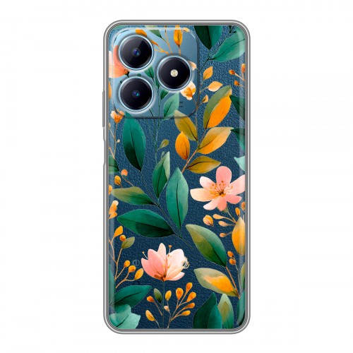 Полупрозрачный дизайнерский силиконовый чехол для Realme C63 Цветы паттерн
