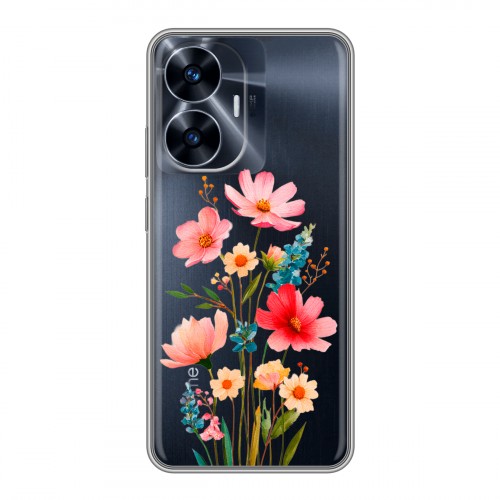 Полупрозрачный дизайнерский силиконовый чехол для Realme C55 Цветы