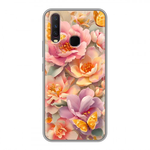 Полупрозрачный дизайнерский силиконовый чехол для Vivo Y17 Цветы и бабочки
