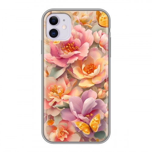 Полупрозрачный дизайнерский силиконовый чехол для Iphone 11 Цветы и бабочки