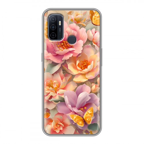 Полупрозрачный дизайнерский силиконовый чехол для OPPO A53 Цветы и бабочки