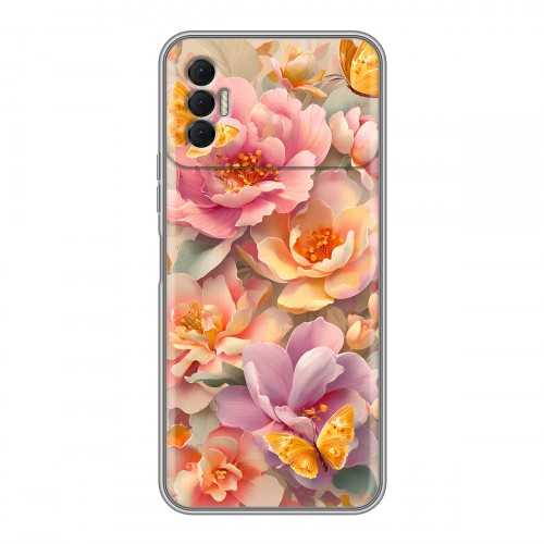 Полупрозрачный дизайнерский силиконовый чехол для Tecno Spark 8P Цветы и бабочки